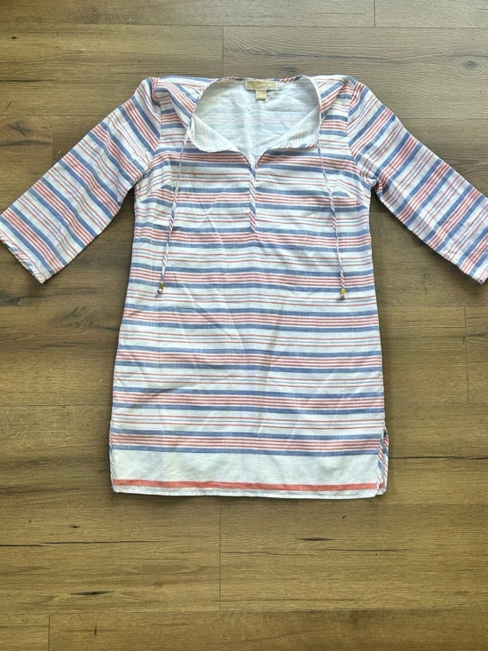 Michael Kors linen White Tunic with Blue & Coral Stripes